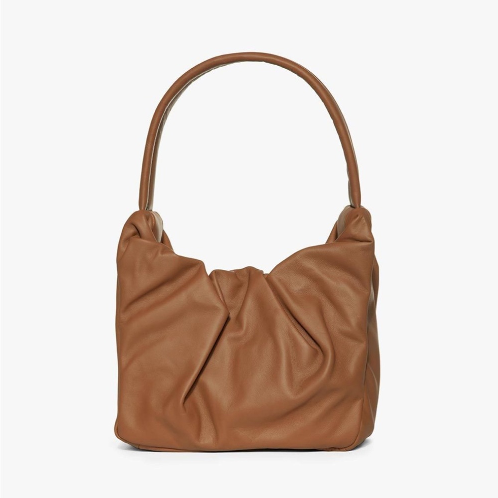STAUD Felix Caramel Tan Ruched Leather Shoulder Bag
